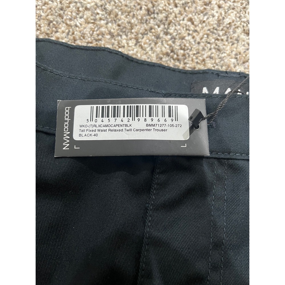 BoohooMAN Tall Relaxed Twill Carpenter Trousers Black Mens 40 - Picture 6 of 9